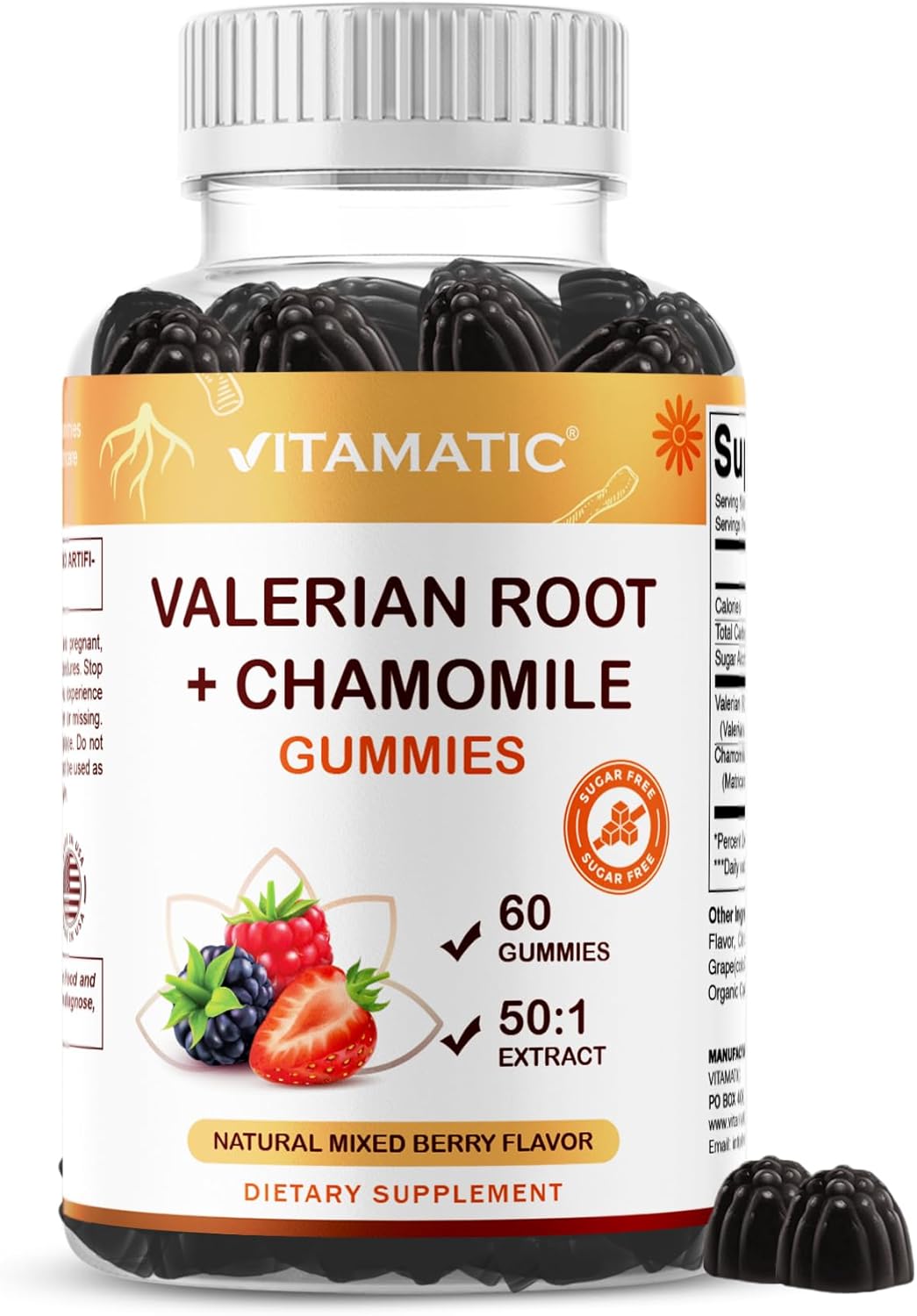 Vitamatic Valerian Root & Chamomile Gummies – Plant-Based Botanical Extract – Mixed Berry Flavor – Vegan, Non-GMO, Gluten-Free – Herbal Supplement – 60 Count