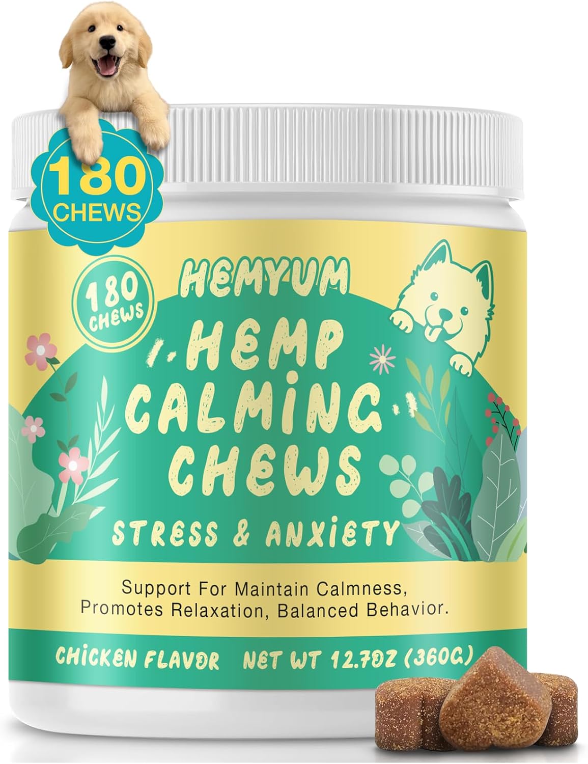 Неmр Calming Chews for Dogs, Anxiety Relief, Sleep Calming Aid, Health & Wellness Supplements for Dog Separation Barking, Chicken Flavor, 180 Chews for All Breeds Ages
