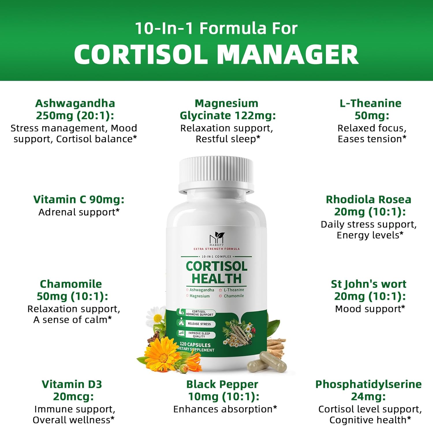 MABEFY Cortisol Supplements for Women/Men - 10 in 1 Cortisol Manager Reducer Lower Detox Balance with Magnesium, Ashwagandha, L-Theanine for Stress Sleep Calm Mood Support - 120 Capsules for 60 Days - Image 2