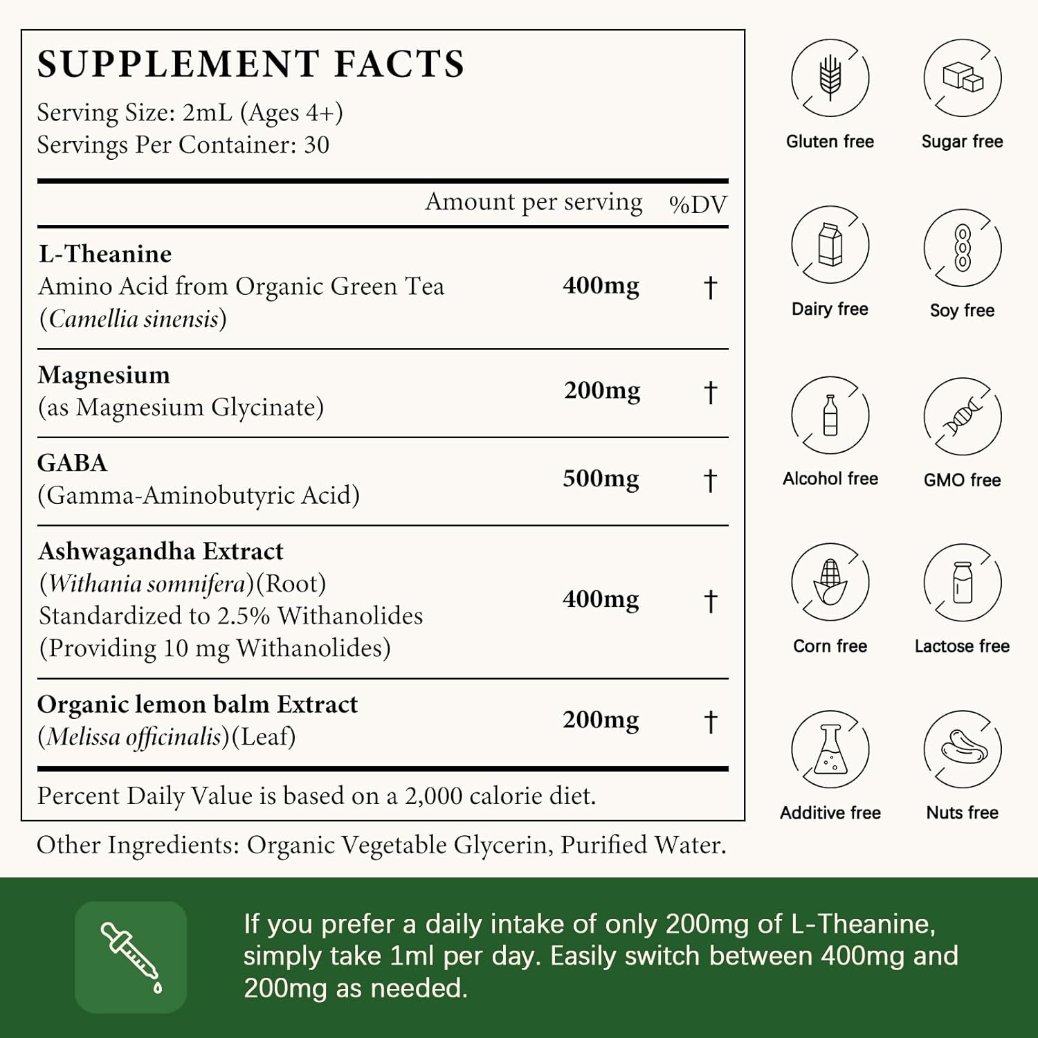 L Theanine 400mg Liquid Drops, L-Theanine Supplement for Adults & Kids with GABA, Magnesium & Ashwagandha, Natural Sleep, Focus & Relaxation Support, Vegan, Alcohol-Free, Non-GMO, 2 FL OZ - Image 5