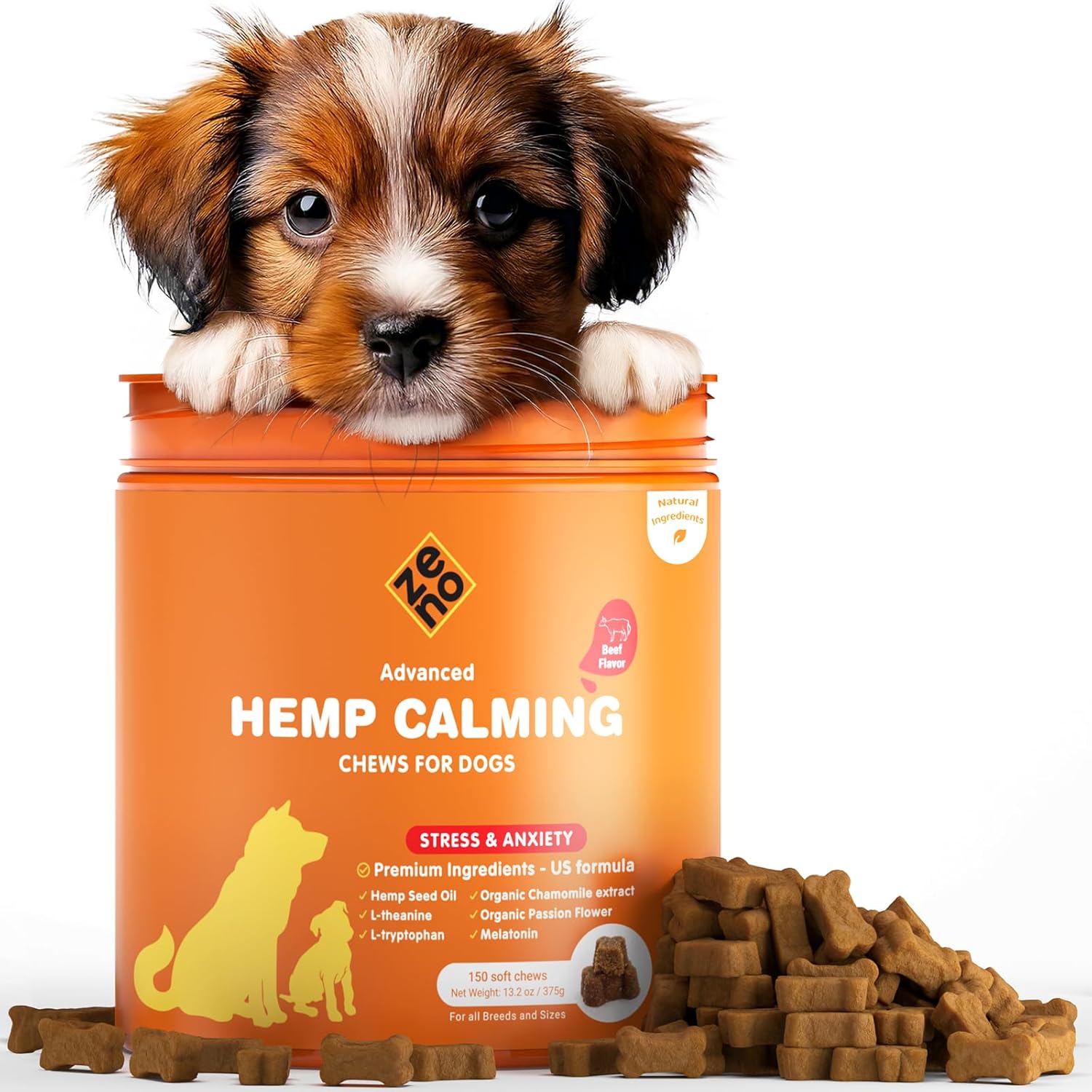ZENO Hemp Calming Chews for Dogs Anxiety - 150 pcs - Melatonin for Stress Relief, Travel, Check-ups, Barking or Grooming - Dog Calming Treats - Beef Flavor