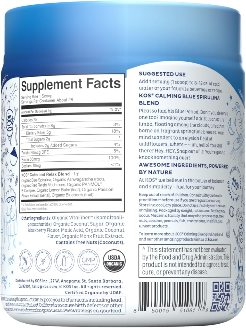 KOS Calming Blue Spirulina Blend- USDA Certified Organic - Algae Superfood Powder with Ashwagandha Root, Lemon Balm, Reishi Mushroom, B Vitamins - Berry Coconut Cooler Flavor, 28 Servings - Image 5