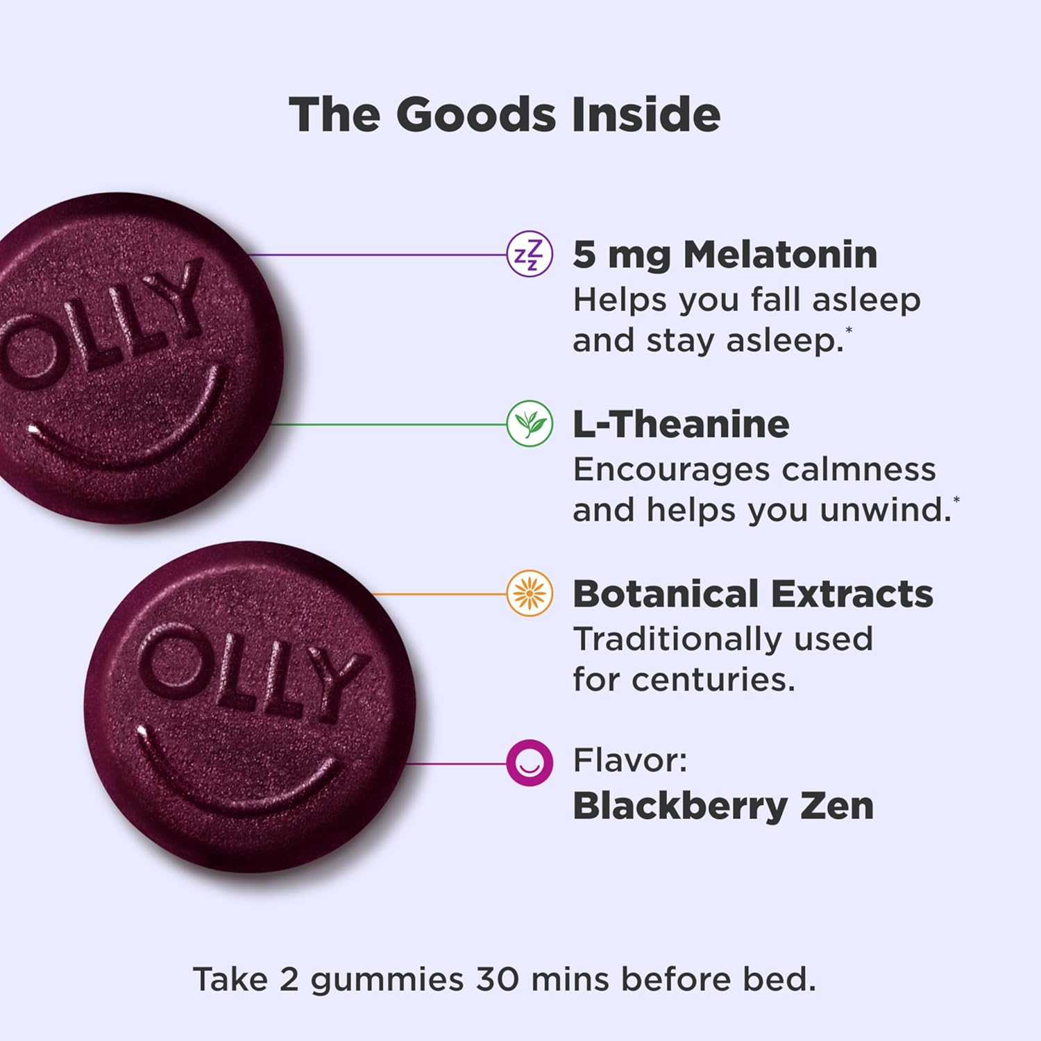 OLLY Extra Strength Sleep Gummy, 5 mg Melatonin, L-Theanine, Chamomile, Lemon Balm Extracts, Sleep Aid, BlackBerry Flavor - 120 Count - Image 3