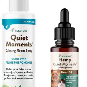 NaturVet Hemp Quiet Moments Calming Drops for Cat, 1oz & Quiet Moments Herbal Calming Spray, 8 Ounce - Feline