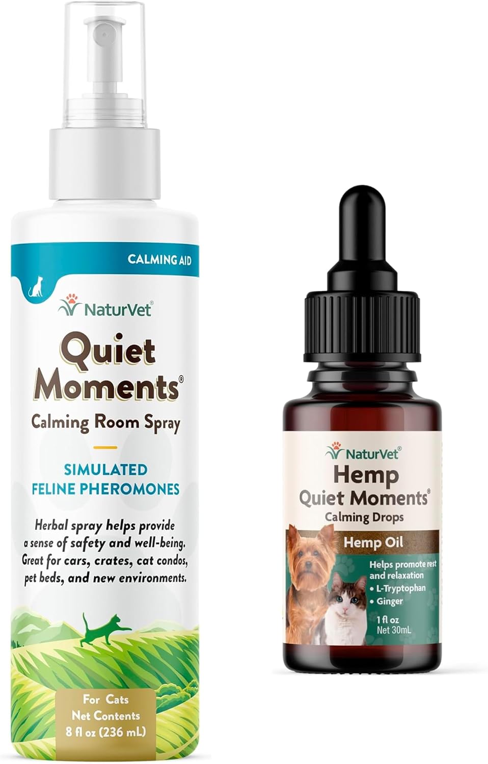 NaturVet Hemp Quiet Moments Calming Drops for Cat, 1oz & Quiet Moments Herbal Calming Spray, 8 Ounce - Feline