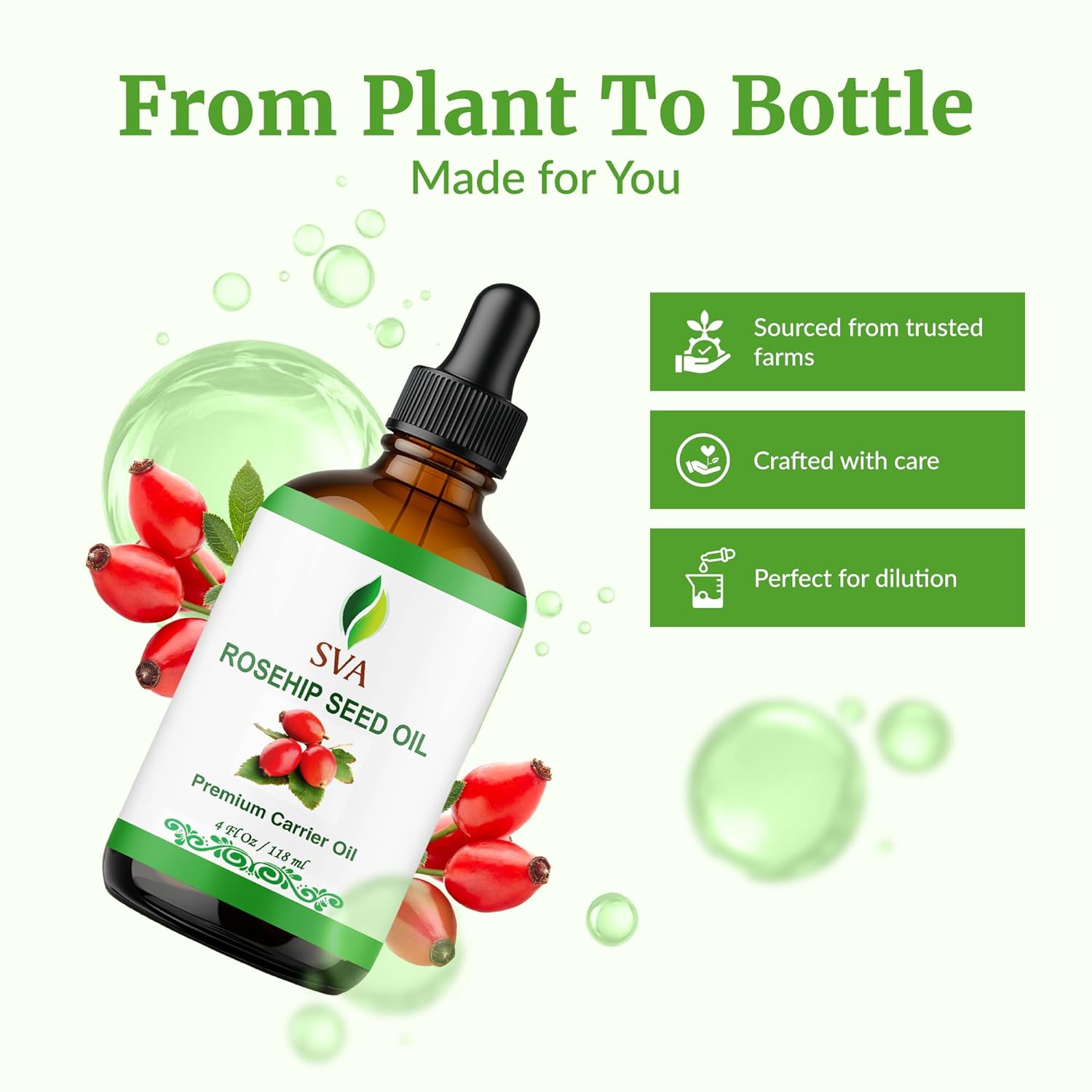 SVA Rosehip Seed Oil - 4 Fl Oz – 100% Natural & Cold Pressed - for Face, Skin Care, Hair Care, Scalp Massage & Body Massage – Carrier Oil with Dropper - Image 4