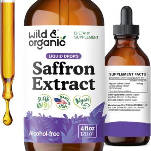 Wild & Organic Saffron Supplements 88.5 mg - Mood, Focus & Eye Support - Saffron Extract Liquid Drops - Add to Tea - 5-Month Supply - Crocus Sativus Herb - Vegan, Sugar & Alcohol-Free Tincture - 4 oz