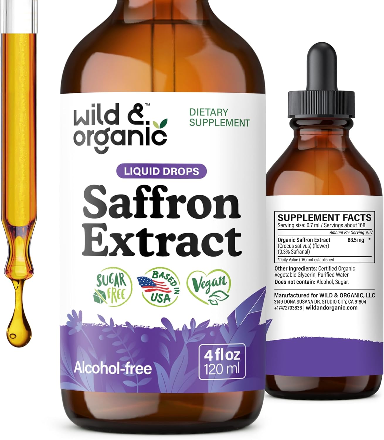 Wild & Organic Saffron Supplements 88.5 mg - Mood, Focus & Eye Support - Saffron Extract Liquid Drops - Add to Tea - 5-Month Supply - Crocus Sativus Herb - Vegan, Sugar & Alcohol-Free Tincture - 4 oz