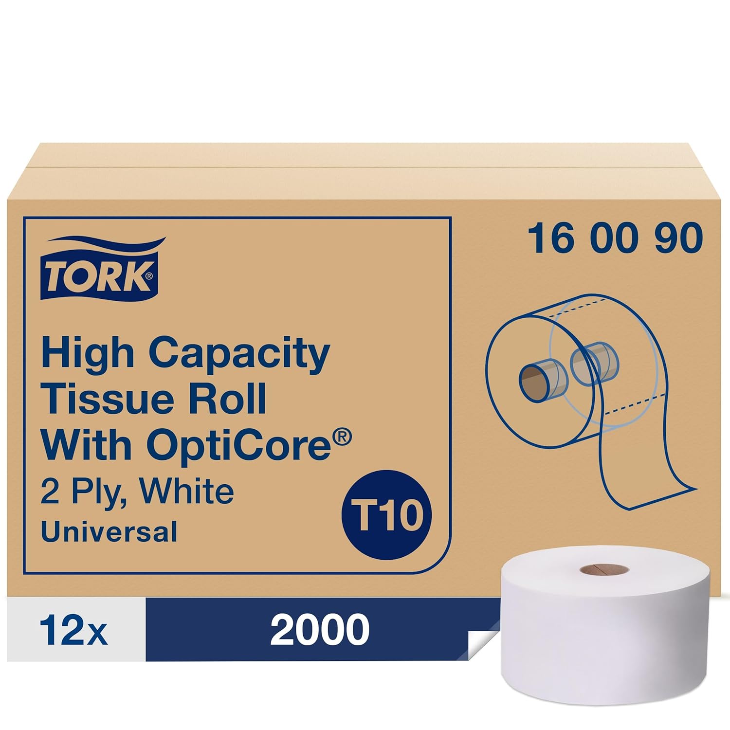 Tork OptiCore® Mid-size Toilet Paper Roll White T10, Universal, 2-ply, 12 x 2000 sheets, 160090 - Image 2