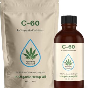 Carbon 60 C60 in Hemp Oil – 4oz Glass Bottle, 108mg Pure C60, 99.9% Solvent Free, Organic Extra Virgin Hemp, Antioxidant Supplement
