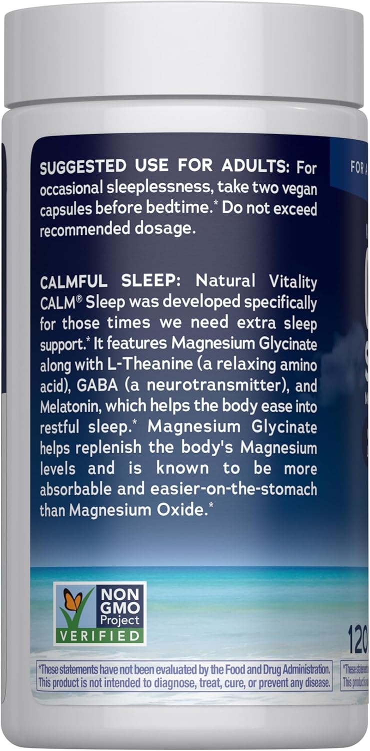 Natural Vitality Calm Sleep Capsules | Magnesium with Melatonin, L-Theanine & GABA Supplement | for a Good Night's Sleep | Non-GMO, Gluten Free & Vegan | 120 Count - Image 3