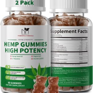2 Pack Hemp Gummies for Sleep, Stress, Relax & Calm, High Potency Extra Strength with Magnesium, Vitamins, Ashwagandha, GABA, L-Theanine, Pineapple Flavor, 120 Bears Gummies, Vegan Gluten-Free