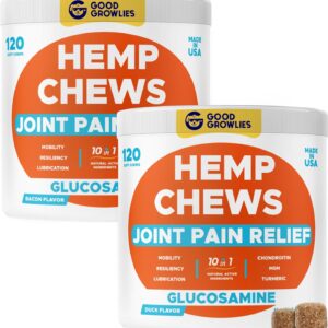Hemp Hip & Joint Supplement for Dogs - 2 Jars Bacon + Duck Flavoring - Glucosamine, Chondroitin, MSM, Turmeric, Hemp Seed Oil & Hemp Protein for Joint Pain Relief & Mobility - 240 Chews Made in USA