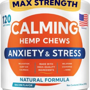 Advanced Calming Chews for Dogs - Hemp Treat + Melatonin + Valerian - Relaxing Bites - Calming Care - Anti-Anxiety & Stress Relief - Made in USA - Calm, Sleep Aid, Storms - 120Ct