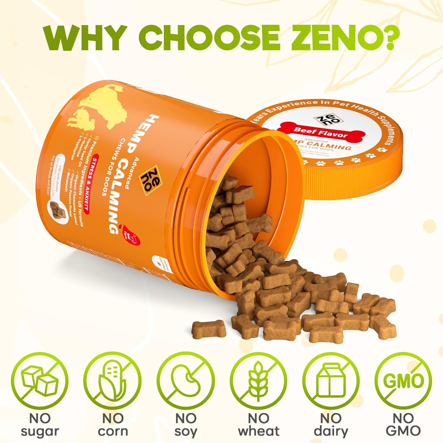 ZENO Hemp Calming Chews for Dogs Anxiety - 150 pcs - Melatonin for Stress Relief, Travel, Check-ups, Barking or Grooming - Dog Calming Treats - Beef Flavor - Image 5