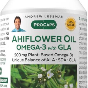 ANDREW LESSMAN Ahiflower Omega-3 with GLA - 60 Softgels - Uniquely Balanced, Plant-Based Source of Essential Omega-3 Fatty acids. No Stomach Upset, Contaminants or Mercury. Easy to Swallow