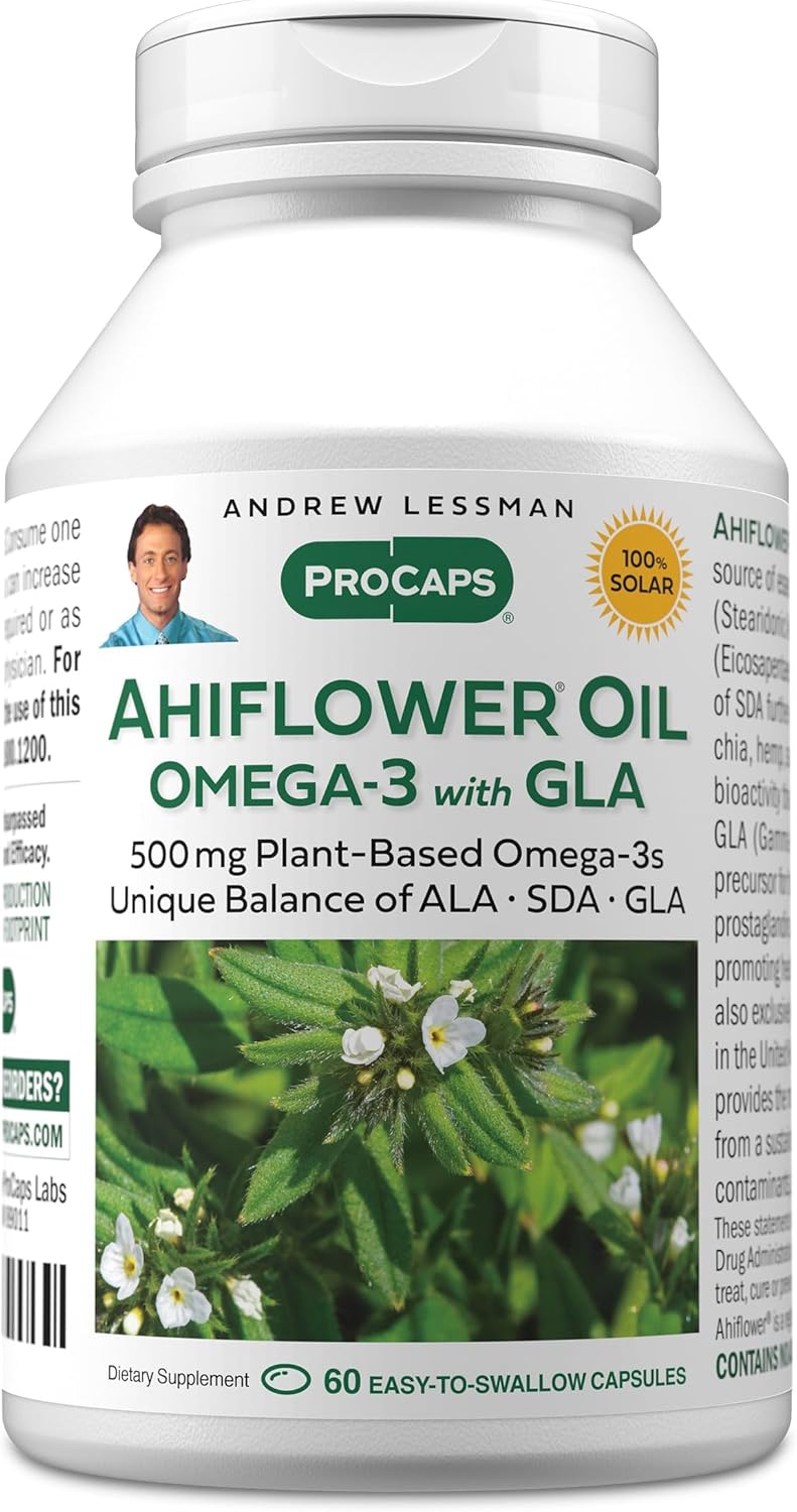 ANDREW LESSMAN Ahiflower Omega-3 with GLA - 60 Softgels - Uniquely Balanced, Plant-Based Source of Essential Omega-3 Fatty acids. No Stomach Upset, Contaminants or Mercury. Easy to Swallow