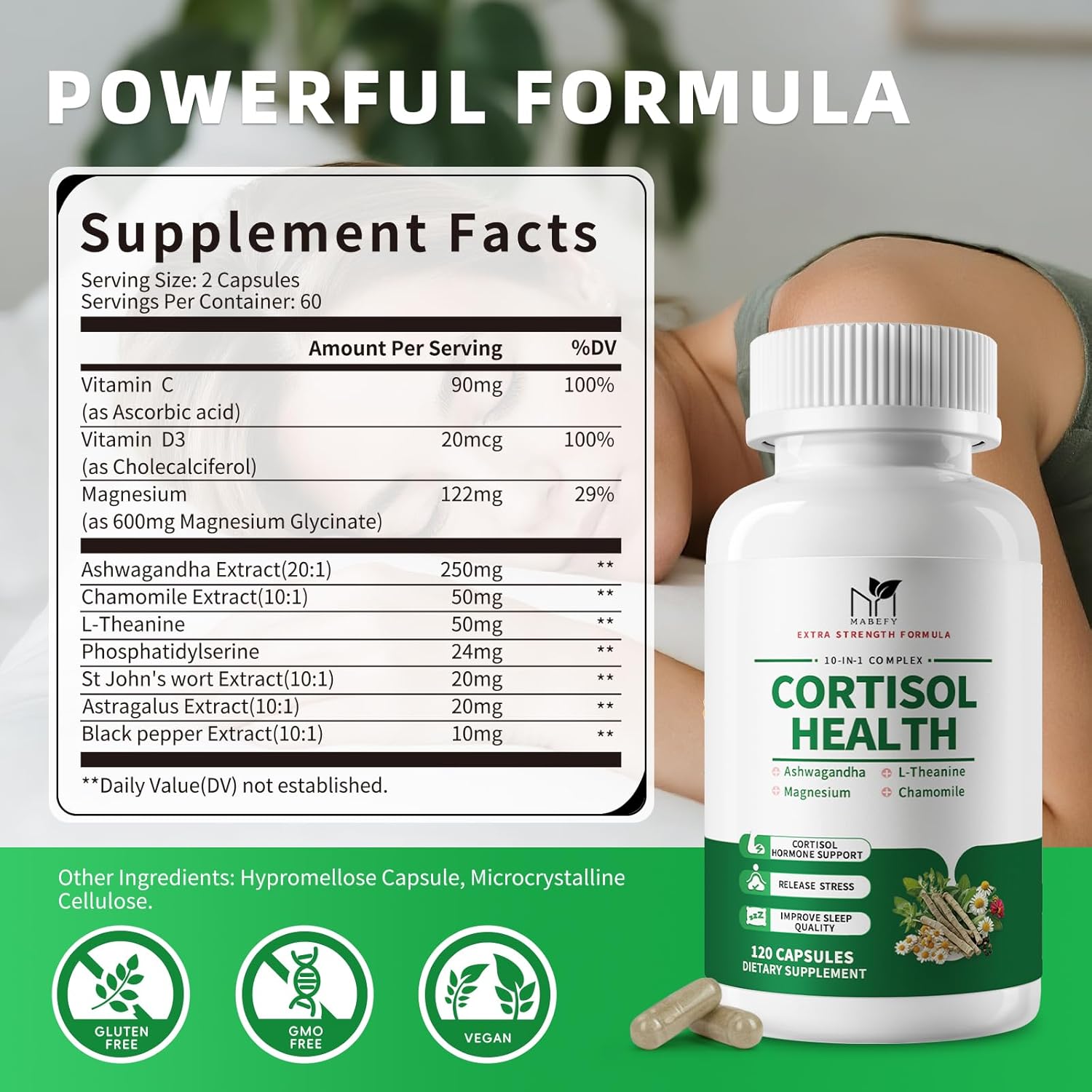 MABEFY Cortisol Supplements for Women/Men - 10 in 1 Cortisol Manager Reducer Lower Detox Balance with Magnesium, Ashwagandha, L-Theanine for Stress Sleep Calm Mood Support - 120 Capsules for 60 Days - Image 7