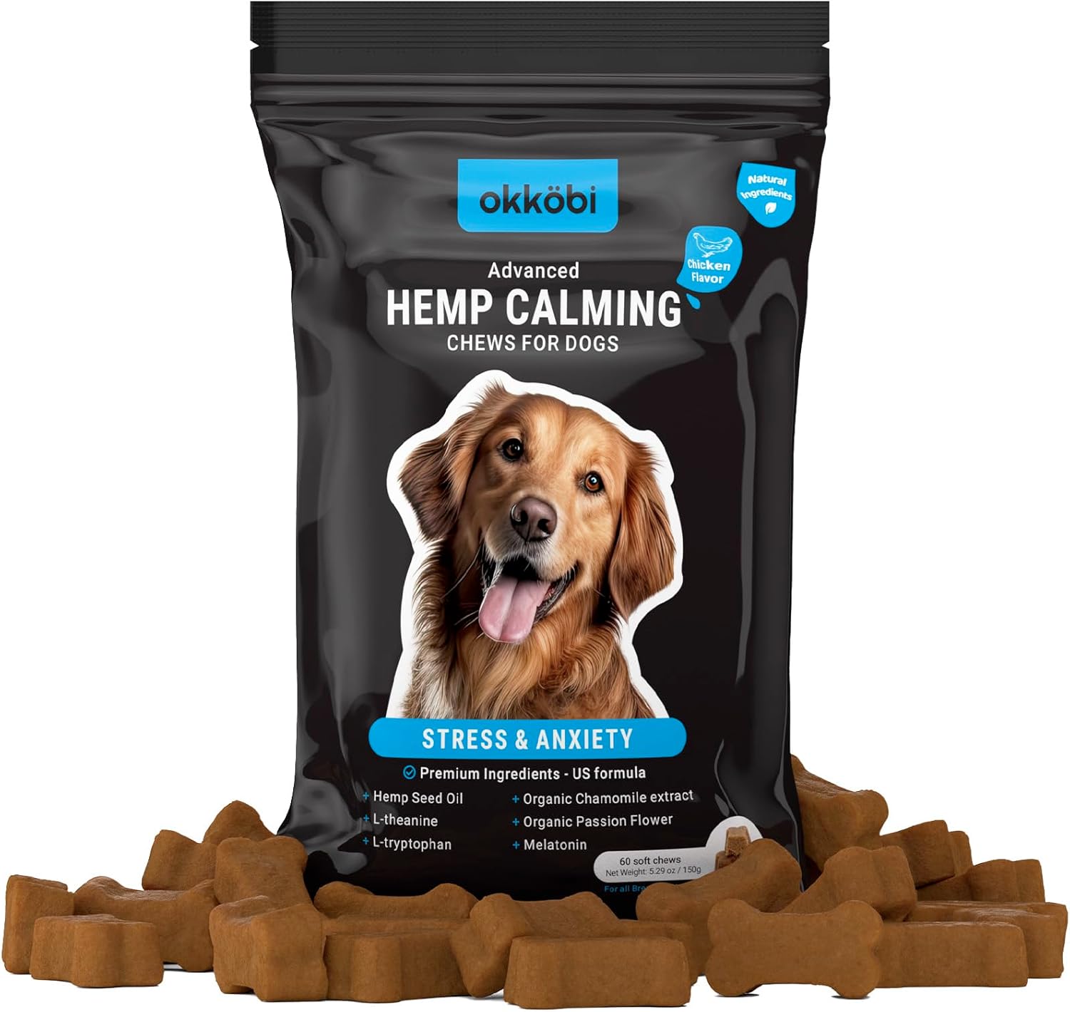 Hemp Calming Chews for Dogs Anxiety 60 pcs - Chicken Flavored - Dog Anxiety Relief - Dog Calming Chews - Melatonin for Dogs - for Stress, Travel, Check-up, Barking or Grooming - Dog Calming Treats