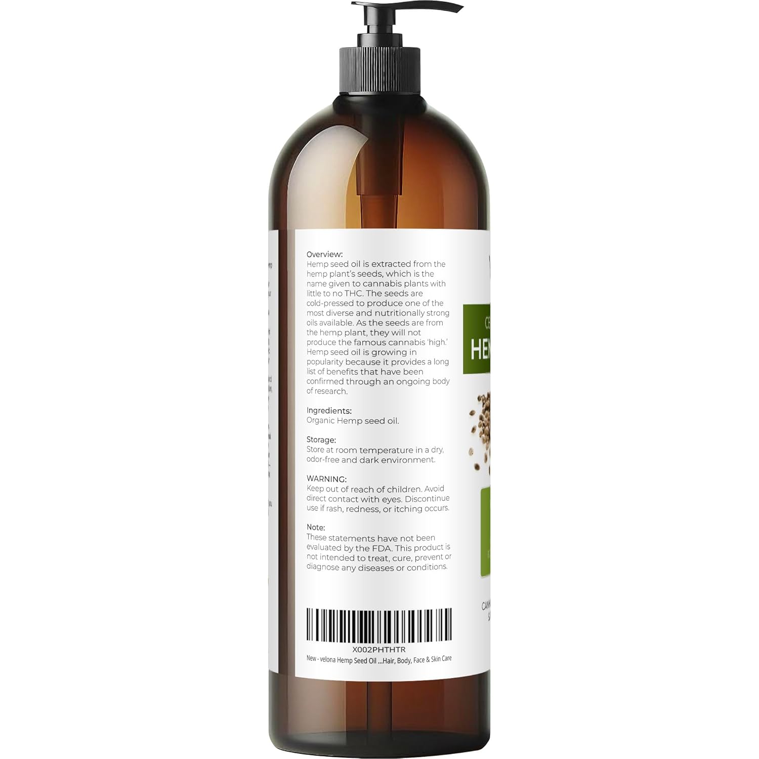 velona Hemp Seed Oil USDA Certified Organic - 32 Fl Oz | 100% Pure and Natural Carrier Oil | Unrefined, Cold Pressed | Hair, Body, Face & Skin Care - Image 3