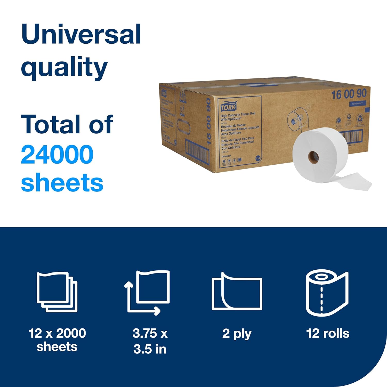 Tork OptiCore® Mid-size Toilet Paper Roll White T10, Universal, 2-ply, 12 x 2000 sheets, 160090 - Image 3