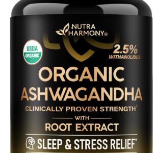 Ashwagandha Supplements 1800mg - USDA Organic Ashwagandha for Women & Men - Clinically Effective Strength for Stress Relief & Sleep - Powder & Root Extract 2.5% Withanolides - Made in USA 100 Capsules