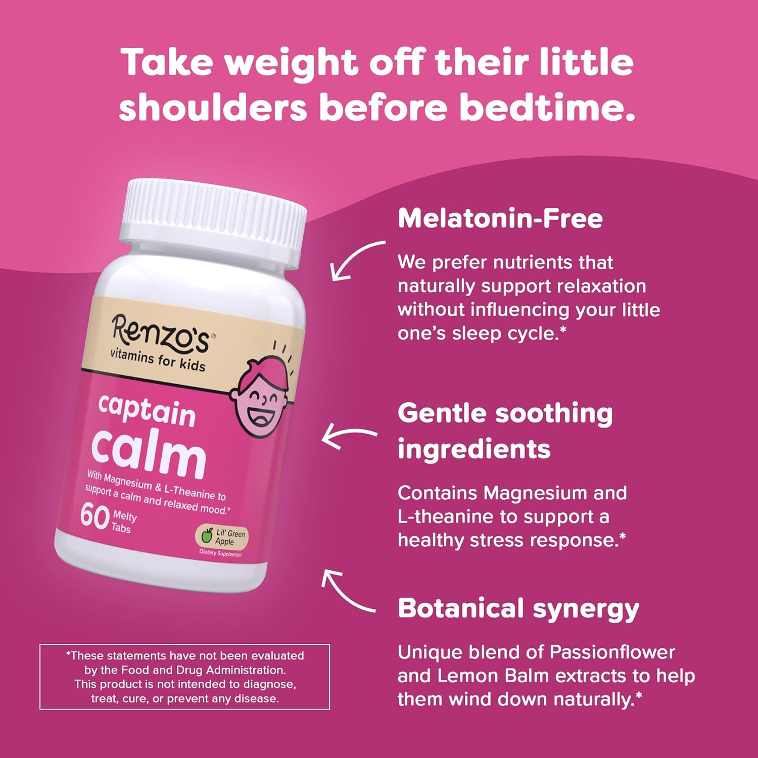 Renzo's Captain Calm Kids Magnesium Supplement with L-Theanine, Dissolvable Kids Vitamins for Relaxation and Mood Support, Sugar-Free Melty Tabs, Green Apple Flavor, 60-Count (1-2 Month Supply) - Image 3