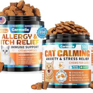 Carmelie Cat Calming & Allergy Relief Chews Bundle – Crispy Calming Chews + Soft Allergy Chew – Natural Relaxation & Skin Comfort for Cats – Chicken & Krill Flavor