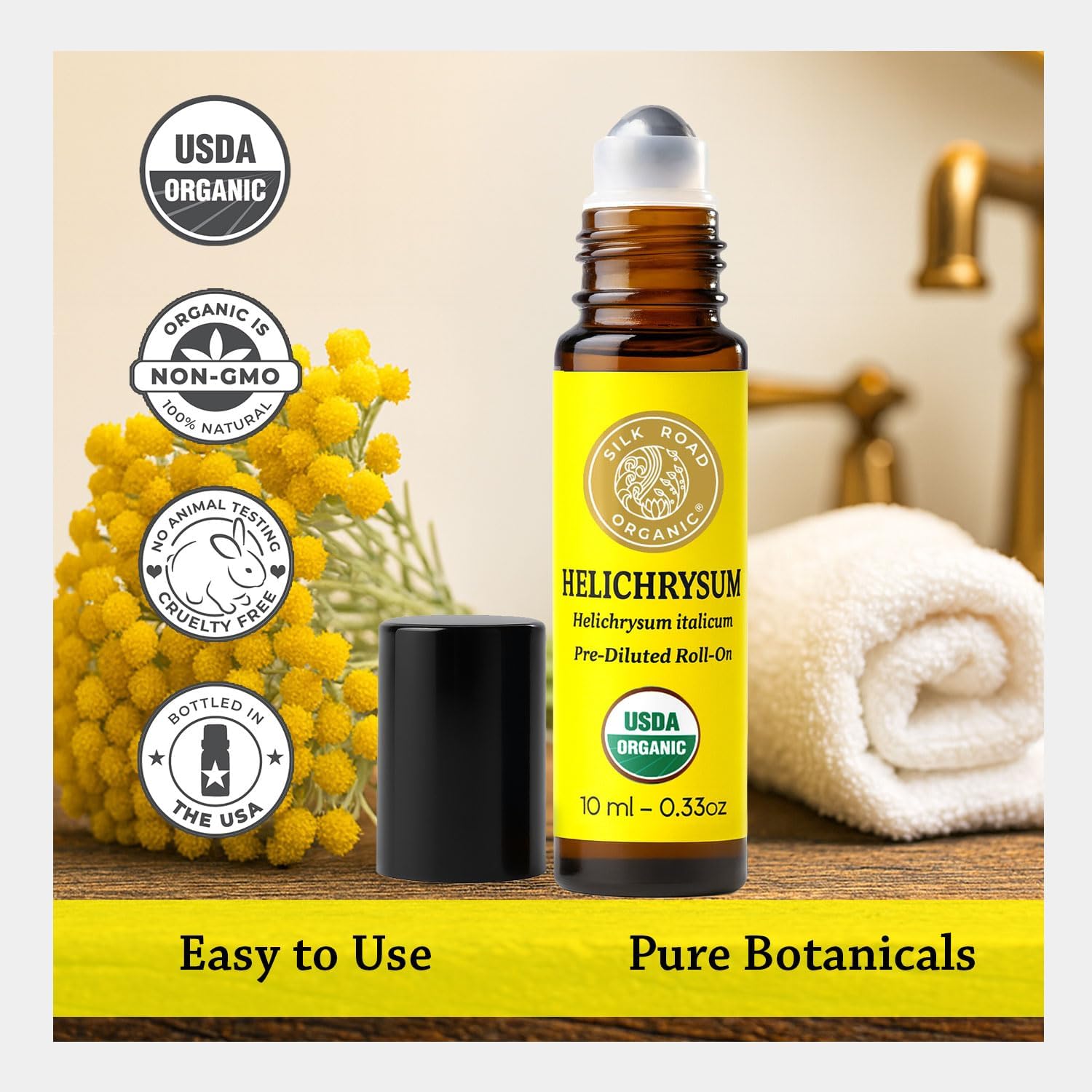 Silk Road Organic Helichrysum Italicum Essential Oil Roll on for Skin Care, Wrinkles, Scars, Bruises - USDA Certified Immortelle Oil 10ml Aromatherapy Roller - Always Pure, Always Organic - Image 5