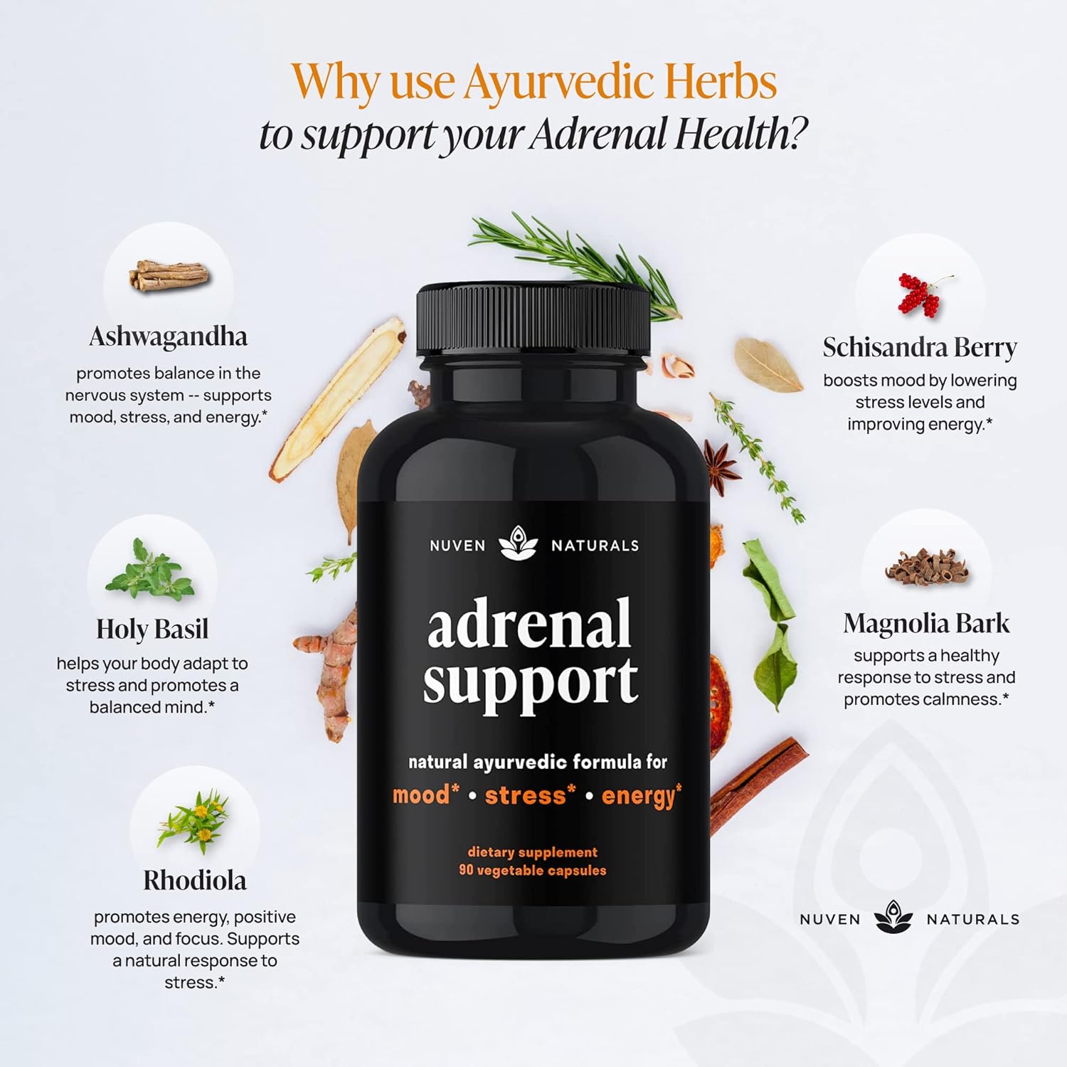 Nuven Naturals Adrenal Support - Cortisol Manager & Adrenal Support Supplements with Ashwagandha Extract, Rhodiola Rosea, Holy Basil to Help Stress, Fatigue & Energy | Adaptogens | 90 Capsules - Image 5