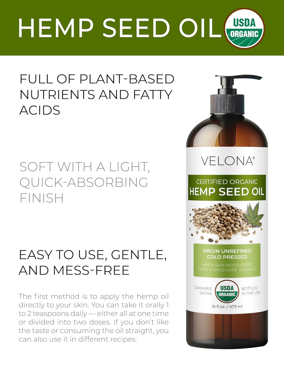 velona Hemp Seed Oil USDA Certified Organic - 32 Fl Oz | 100% Pure and Natural Carrier Oil | Unrefined, Cold Pressed | Hair, Body, Face & Skin Care - Image 2