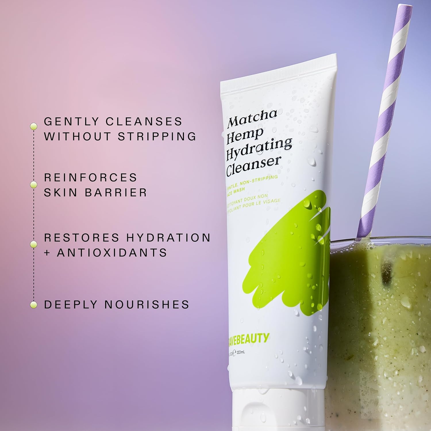 KraveBeauty Matcha Hemp Hydrating Cleanser for Dry or Sensitive Skin, Gentle, Non-Stripping Face Wash with Matcha, Hemp Seed Oil & Glycerin, Fragrance Free, 120ml - Image 2