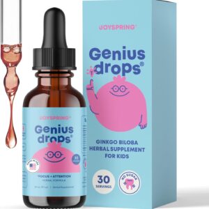 JoySpring Genius Drops for Kids | Clinically Proven Focus Supplement | Liquid Herbal Focus Supplement with Ginkgo Biloba for Kids (1 fl oz) 30 Servings
