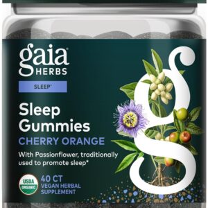 Gaia Herbs Sleep Gummies - Sleep Support*- Ashwagandha, Reishi Mushroom & Passionflower - USDA Certified Organic, Non-GMO Project Verified, Gluten Free - Cherry Orange - 40 Vegan Gummies (20 Servings)