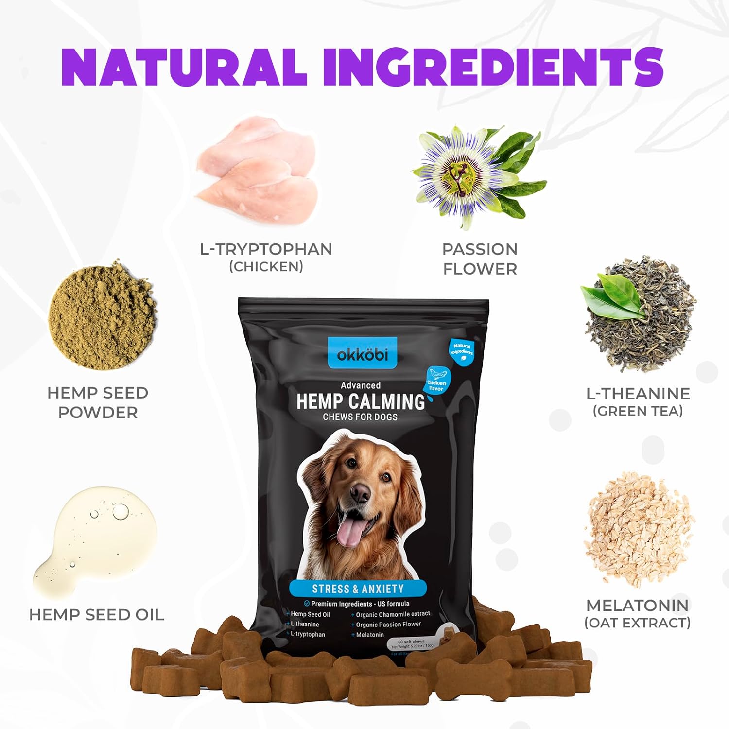 Hemp Calming Chews for Dogs Anxiety 60 pcs - Chicken Flavored - Dog Anxiety Relief - Dog Calming Chews - Melatonin for Dogs - for Stress, Travel, Check-up, Barking or Grooming - Dog Calming Treats - Image 3