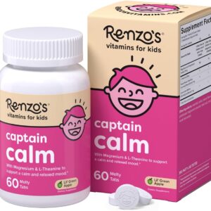 Renzo's Captain Calm Kids Magnesium Supplement with L-Theanine, Dissolvable Kids Vitamins for Relaxation and Mood Support, Sugar-Free Melty Tabs, Green Apple Flavor, 60-Count (1-2 Month Supply)