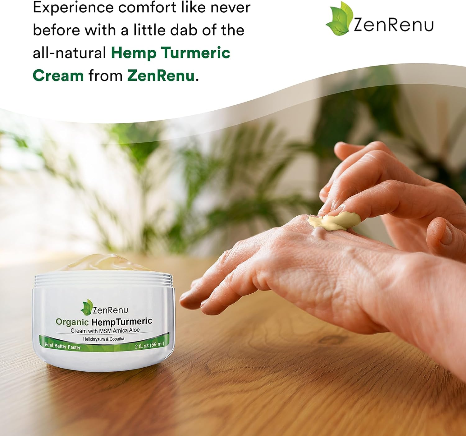 Zenrenu Hemp Joint & Muscle Relief Cream with Turmeric, Arnica, MSM, Hemp Oil & 7 Essential Oils - Non-Greasy & Soothing Formula for Back, Neck, Elbows, Knees, & Hip - ZenRenu, 2 oz - Image 5