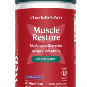 Charlotte's Web Muscle Restore Mushroom Gummies for Adults — Chaga & Tart Cherry Supplement for Muscle Recovery and Fatigue — Vegan, Kosher, Non-GMO (Dark Cherry Flavor, 30 Servings)