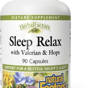 Herbal Factors Sleep Relax Formula by Natural Factors, Natural Sleep Aid with Valerian Root, Passion Flower and Skullcap, Non-GMO, 90 capsules (90 servings)
