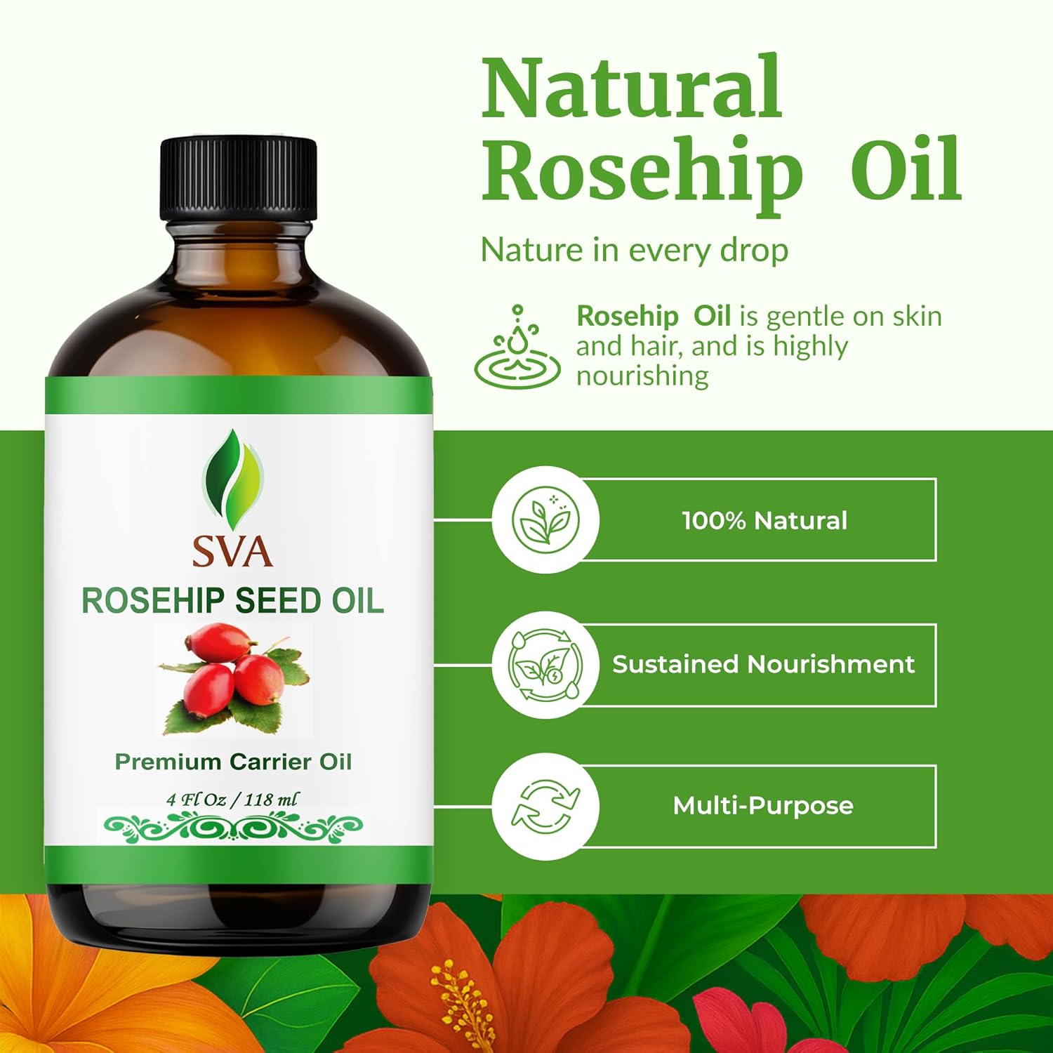 SVA Rosehip Seed Oil - 4 Fl Oz – 100% Natural & Cold Pressed - for Face, Skin Care, Hair Care, Scalp Massage & Body Massage – Carrier Oil with Dropper - Image 2