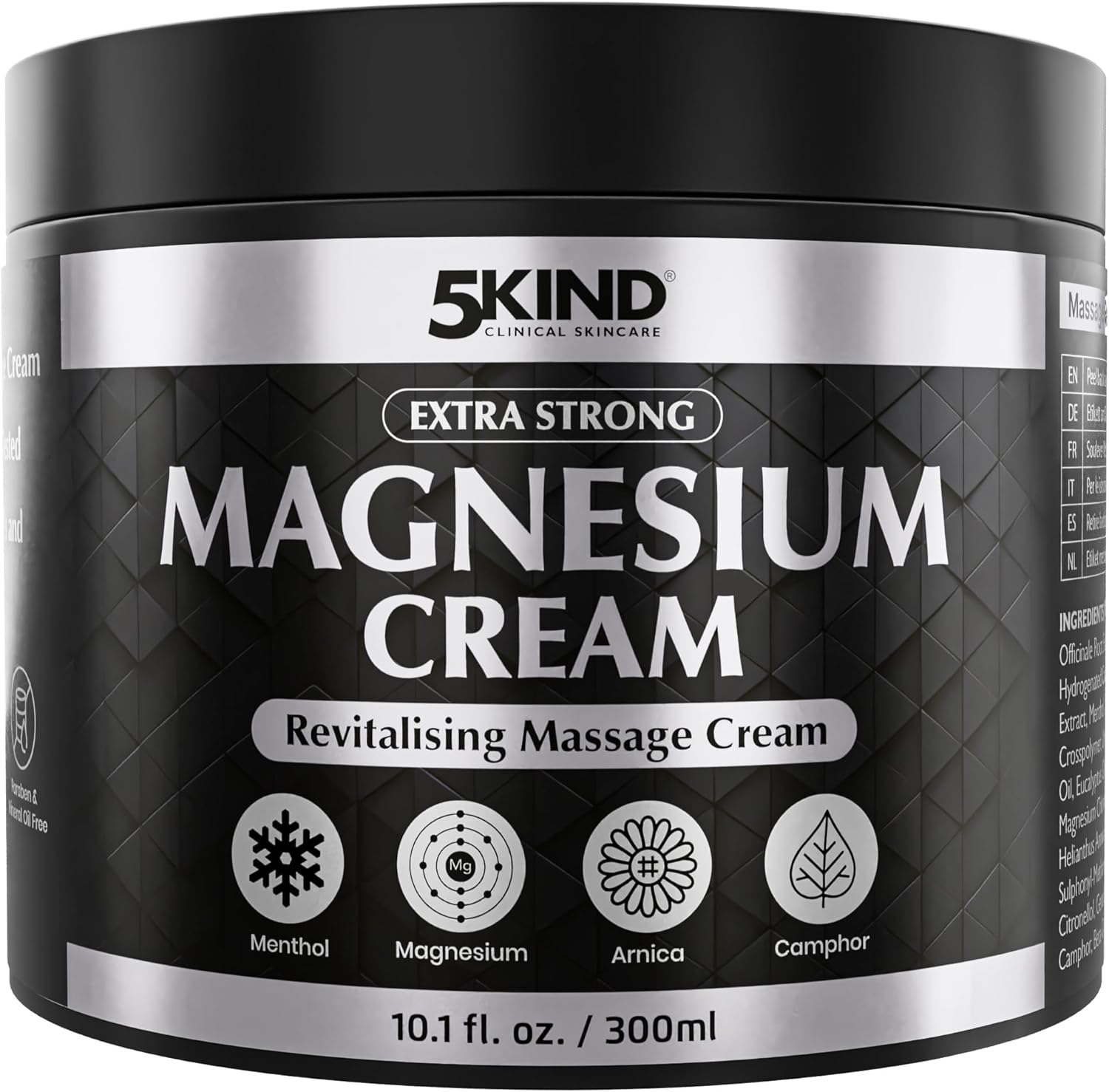 5Kind Extra Strong Magnesium Cream 10.1 fl oz - Neuropathy Nerve Relief Cream - Lotion for Restless Legs - Magnesium Rub Infused with Arnica, Eucalyptus, Comfrey, Menthol & Hemp Oil