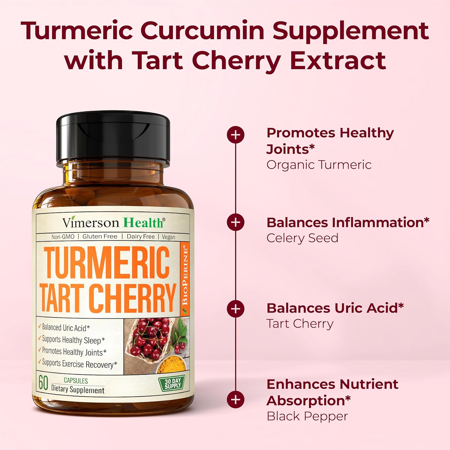 Tart Cherry Capsules – Turmeric Curcumin Supplement with Tart Cherry Extract & Celery Seed Extract – Turmeric Curcumin with Black Pepper for Uric Acid Balance, Joint Health & Sleep Aid - 60 Count - Image 5
