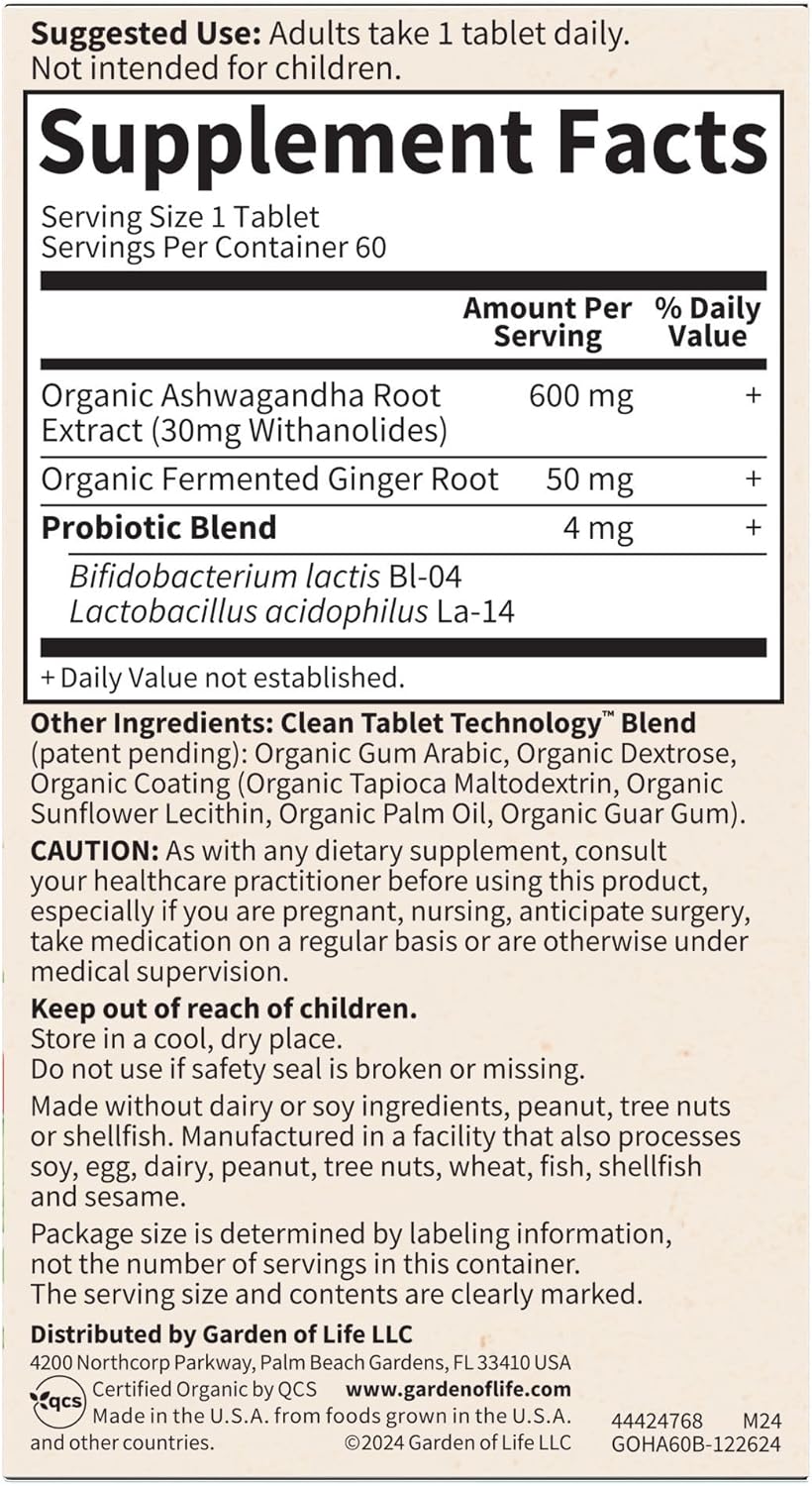 Garden of Life Organic Ashwagandha Supplement with Probiotics & Ginger - Stress, Mood & Energy Support, Vegan, Gluten Free, Non GMO, 2 Month Supply, 60 Tablets - Image 12