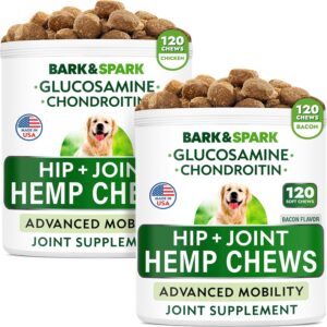 Hemp Treats + Glucosamine Chews Bundle - Natural Joint Pain Relief Supplement - Hemp Oil, Chondroitin w/MSM, Omega 3 - Advanced Hip & Joint Support Formula - 120 + 120 Chews - Bacon + Chicken Flavor
