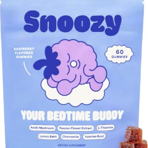 Snoozy Bedtime Buddy, Reishi Mushroom Sleep Gummies | Chamomile, Valerian Root, Lemon Balm Extract | Natural Sleep Aid, Melatonin Free | Raspberry Flavored, 60 Gummies, 1 Pack