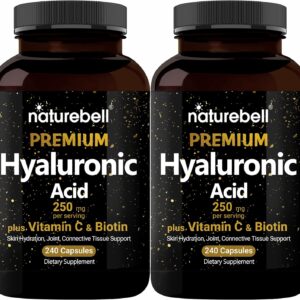 NatureBell 2 Pack Plant Based Hyaluronic Acid Supplements 250mg with 25mg Vitamin C & Biotin 5000mcg, 480 Total Capsules | Essential for Hair Growth, Joint Support, & Hydrating Skin | Non-GMO
