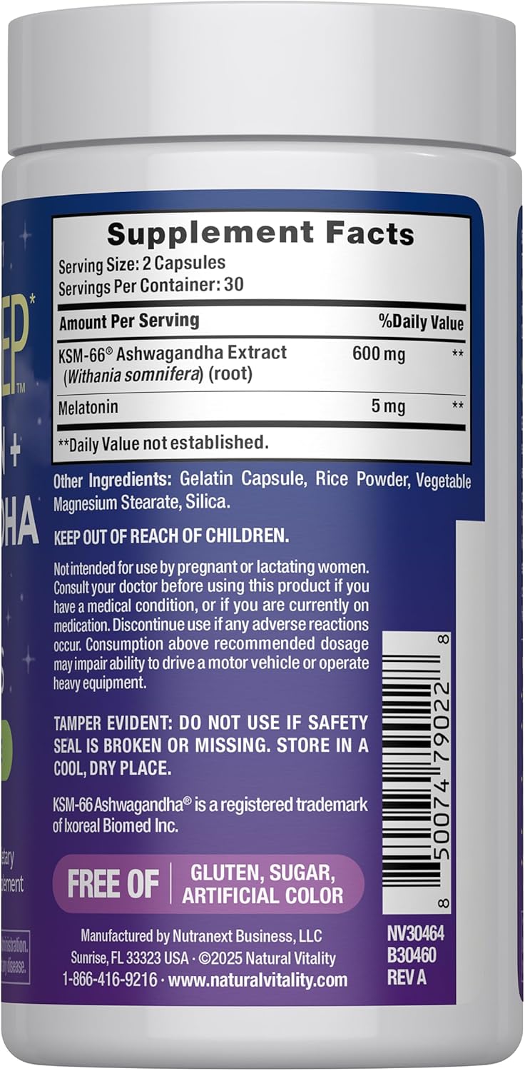 Natural Vitality Calm Sleep Melatonin and Ashwaganda KSM-66 Capsules | 100% Drug Free | 60 Count - Image 2