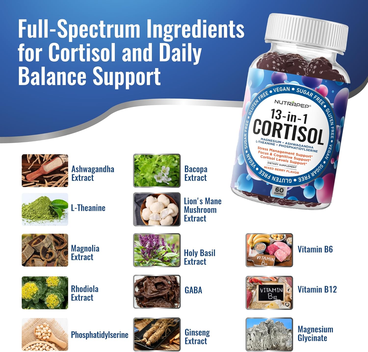 NutraPep Cortisol Gummies for Women Men - 13-in-1 High Cortisol Reducer with Ashwagandha Magnesium L-theanine Rhodiola Rosea - Daily Cortisol Detox Manager for Stress Focus Support - Vegan Sugar Free - Image 3