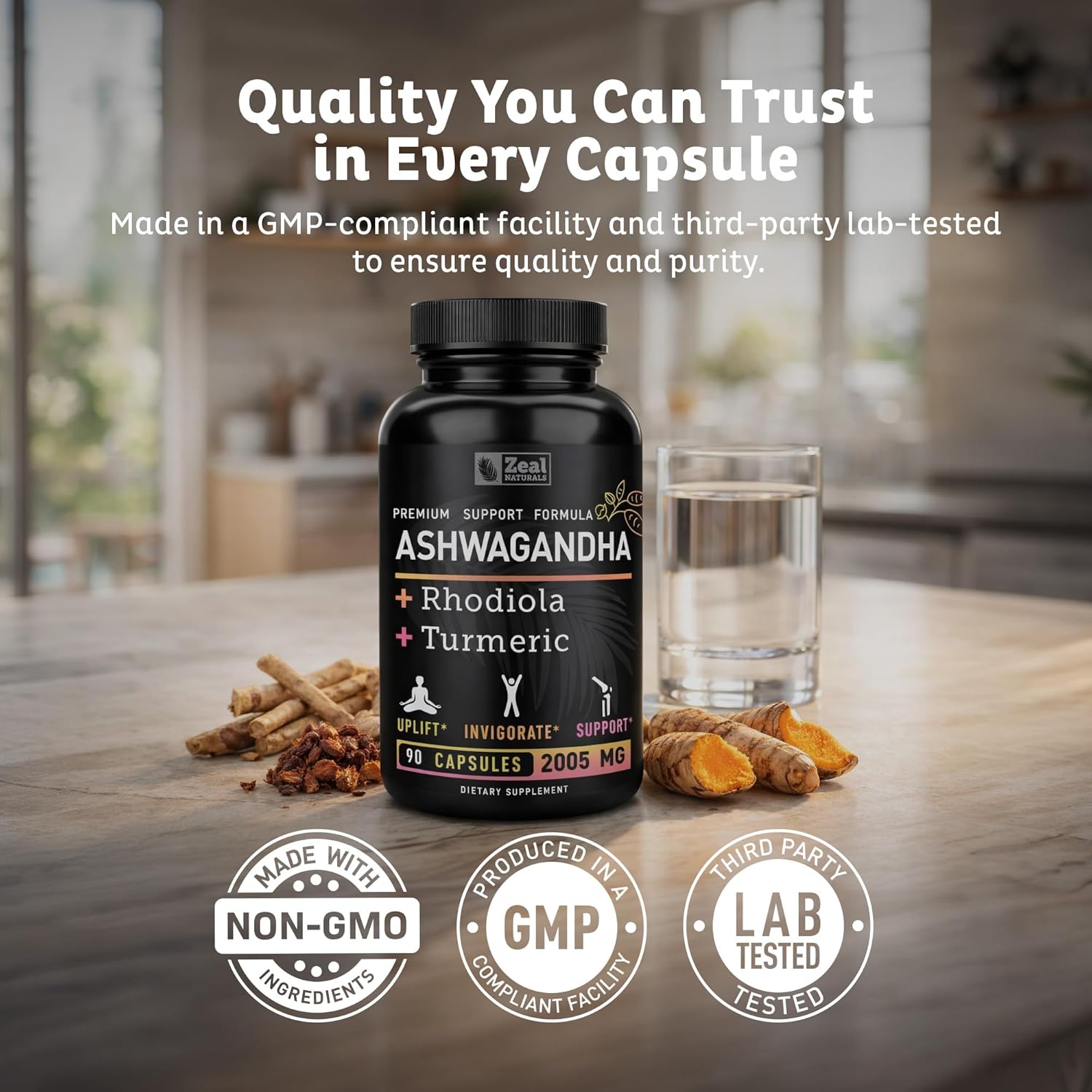 Zeal Organic Adaptogenic Ashwagandha Complex | 2005mg, 90 Capsules | Organic Ashwagandha Root Powder + Rhodiola Rosea + Turmeric | 3-in-1 Stress Relief, Energy & Joint Support Supplement - Image 7