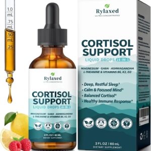 Cortisol Supplements for Women & Men, 18 in 1 Stress & Mood Support Drops with Magnesium 480mg, GABA, Ashwagandha, L-Theanine & Phosphatidylserine, for Relaxation & Sleep, Lemon Raspberry Flavor 60mL
